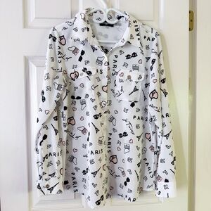 Karl Lagerfeld Paris Print White Shirt M Designer Luxe Preppy Light Academia